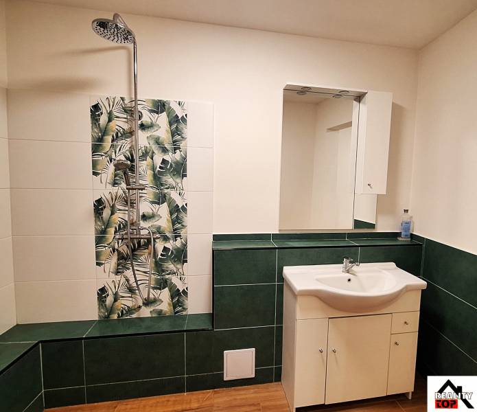Fürdőszoba egy családi házban mosdóval, zuhanyzóval és zöld csempedekorációval.