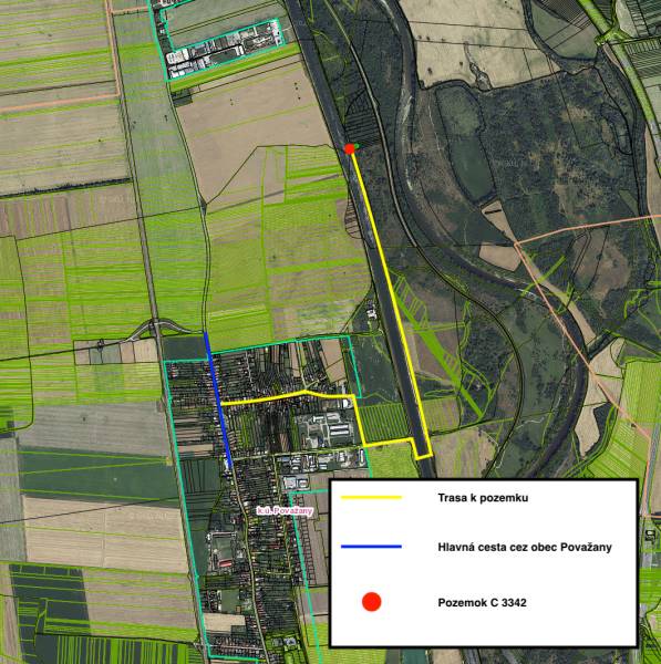Légi térkép, amely a C 3342-es telekhez vezető utat mutatja a Nová Ves nad Váhom melletti üdülőterületen.