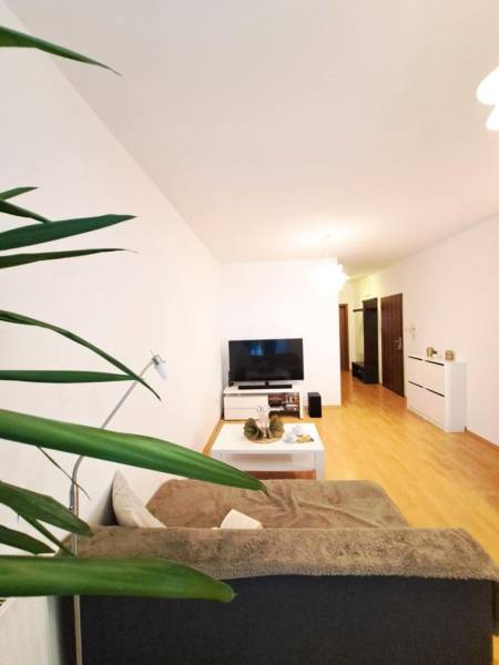 Nappali egy kétszobás lakásban, fa dekoros padlóval, TV-vel és kényelmes kanapéval.