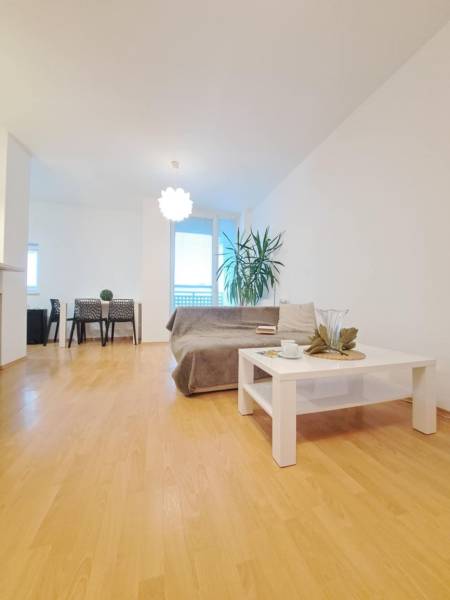 Nappali egy kétszobás lakásban, fa dekorációjú padlóval, kanapéval és dohányzóasztallal.