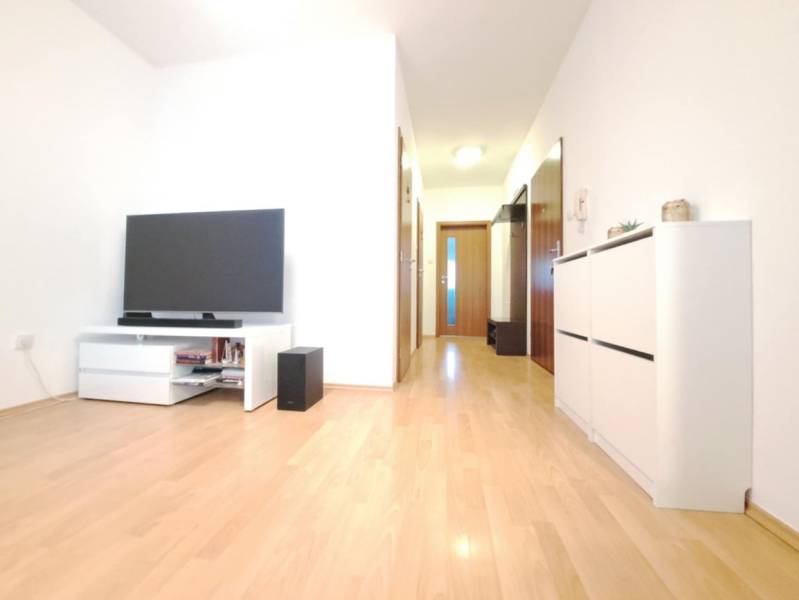 Nappali egy kétszobás lakásban, televízióval és fa dekorációjú padlóval.