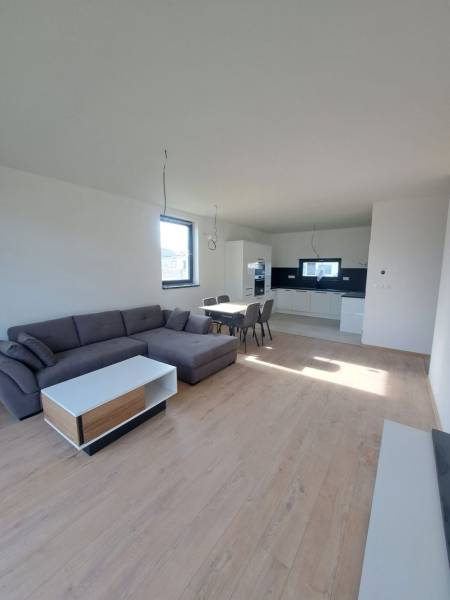 Nappali családi házban konyhával, kanapéval és fa dekorú padlóval.