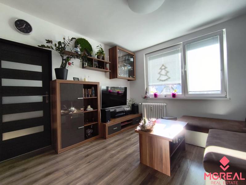 Nappali egy egyszobás lakásban, fa dekoros padlóval és világos bútorokkal.