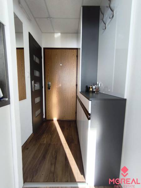 Előszoba egy egyszobás lakásban, fa dekor padlóval és szekrénnyel.