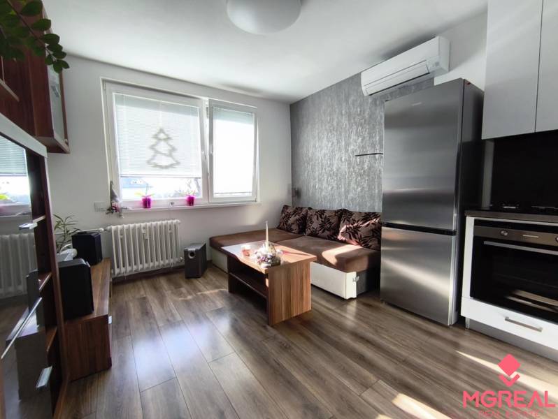 Egyszobás lakás nappalija fa mintázatú padlóval, kanapéval és konyhai készülékekkel.