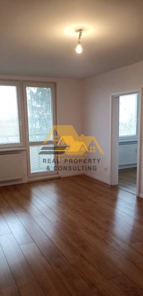 Világos, 2 szobás lakás fa hatású padlóval és nagy ablakokkal.