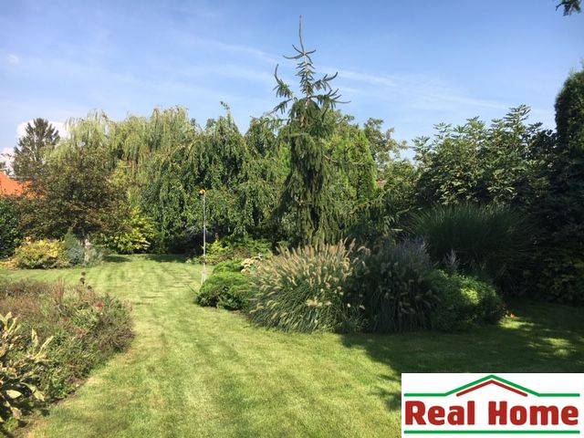 Családi ház kertje Feketevízen buja növényzettel és gyepfelülettel.