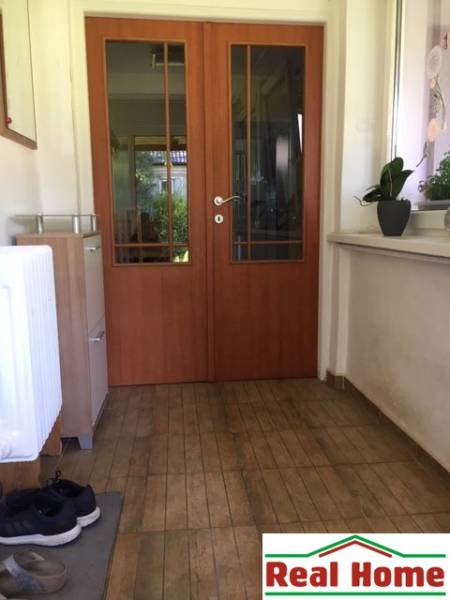 Családi házban: előszoba ajtókkal, fa dekoros padló, növények a párkányon.