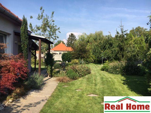 Családi ház kertje Feketevízen gyeppel és zölddel.