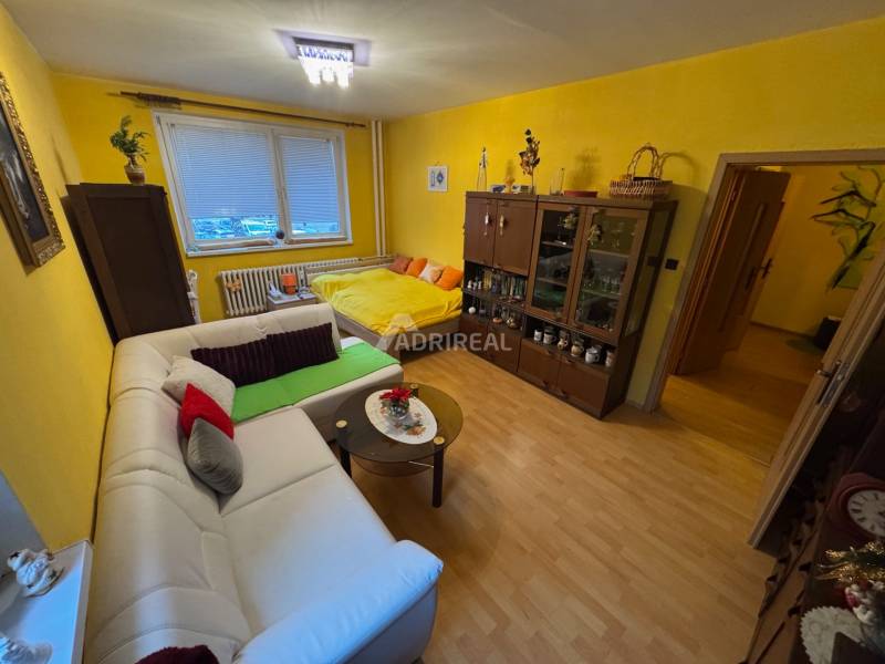 Nappali fa mintás padlóval, kanapéval és ággyal egy garzonlakásban.