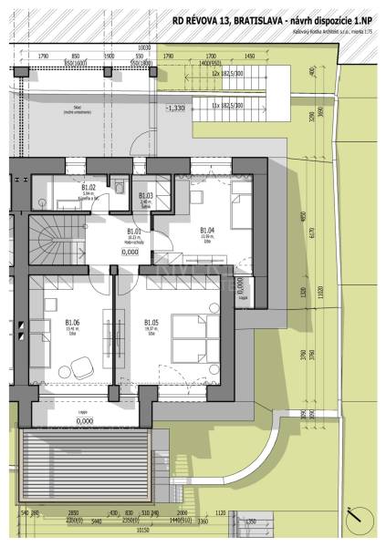 Az első emelet alaprajza egy családi ház szobáival a Révová utcában, Pozsony - Óváros.