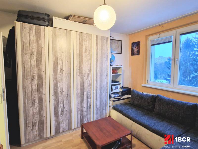 Garzonlakás fa hatású padlóval, kanapéval, szekrényekkel és asztallal. Minimalista belső tér.