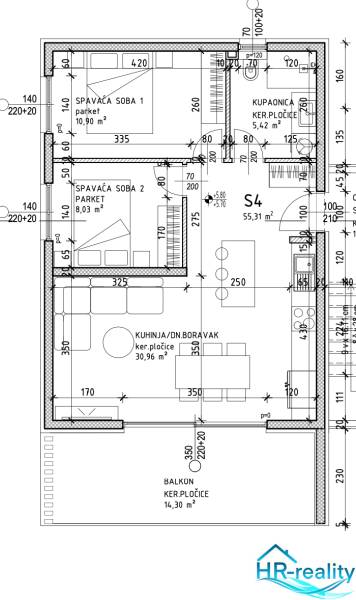Két hálószobás, fürdőszobás és erkéllyel rendelkező nyaraló apartman alaprajza.