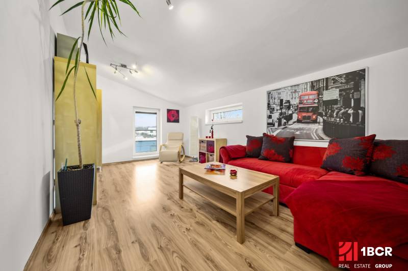 Nappali fa mintázatú padlóval, piros kanapéval és nagy növénnyel.