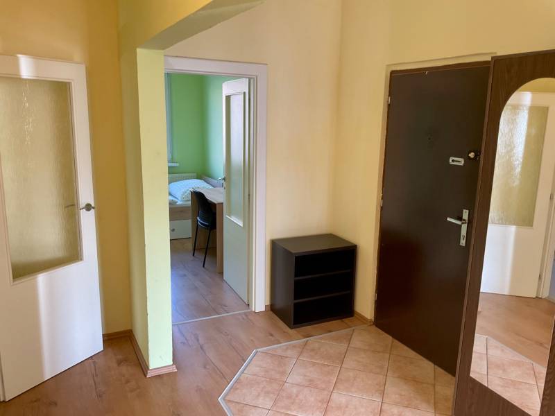 Előszoba sötét ajtókkal, fa mintázatú padló, kilátás a szobára.