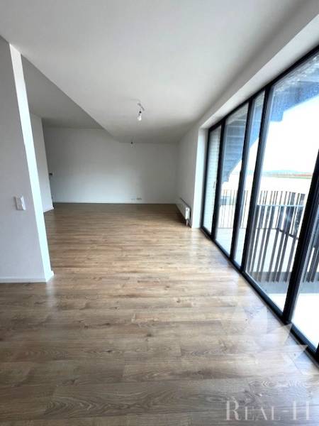 Nappali egy kétszobás lakásban fa dekor padlóval és nagy ablakokkal.