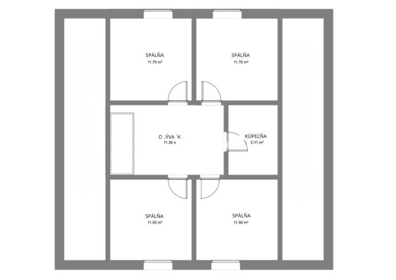 Családi ház alaprajza három hálószobával, nappalival és fürdőszobával.
