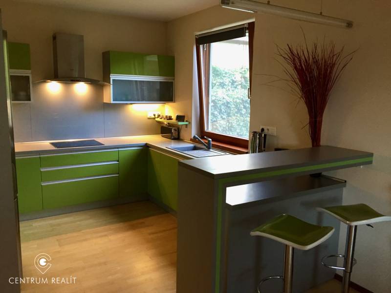 Konyha családi házban zöld szekrényekkel és bárpulttal, fa dekoros padlóval.