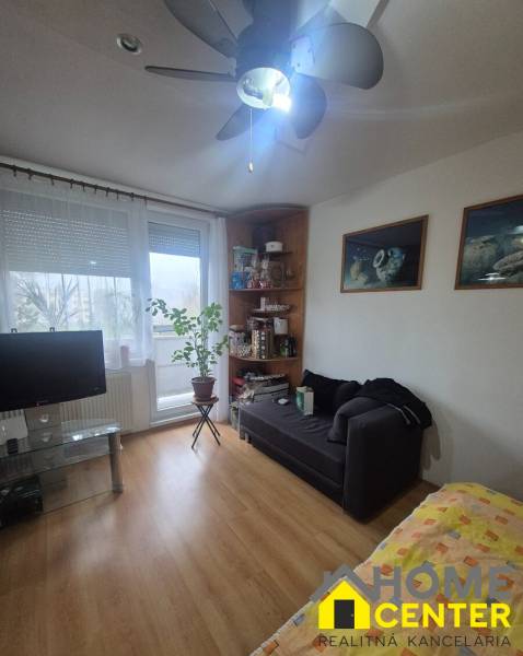 Nappali egy egyszobás lakásban, fa dekorációjú padlóval és kanapéval.