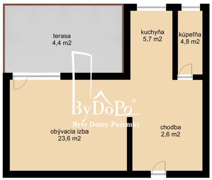 Egy 1 szobás lakás alaprajza terasszal, konyhával, fürdőszobával, előszobával és nappalival.