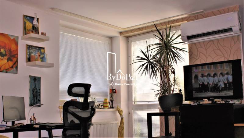 Nappali egy egyszobás lakásban légkondicionálóval, televízióval és szobanövénnyel.