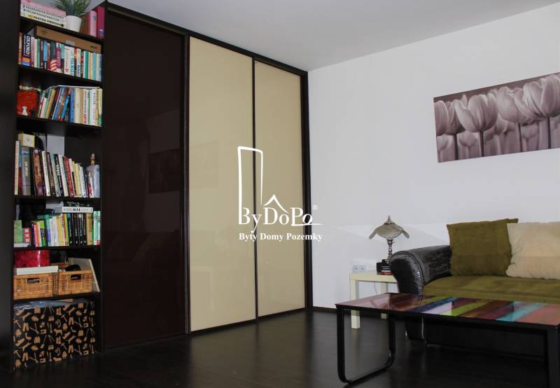 Nappali tér egy egyszobás lakásban könyvespolccal és fa dekorációjú padlóval.