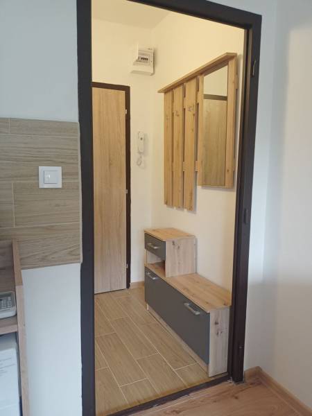 Előszoba egy garzonlakásban fa dekoros padlóval és fogasfallal.