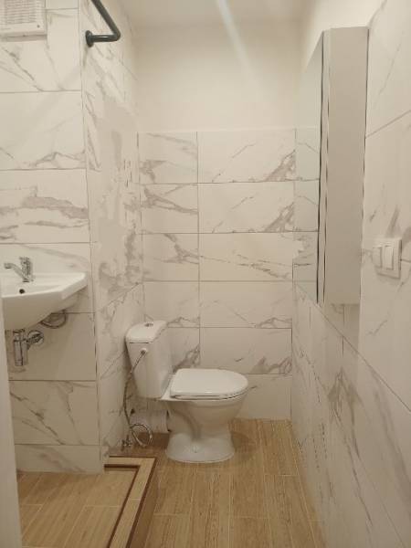 Garzonlakás fürdőszobája WC-vel, mosdóval és fa dekor padlóval.