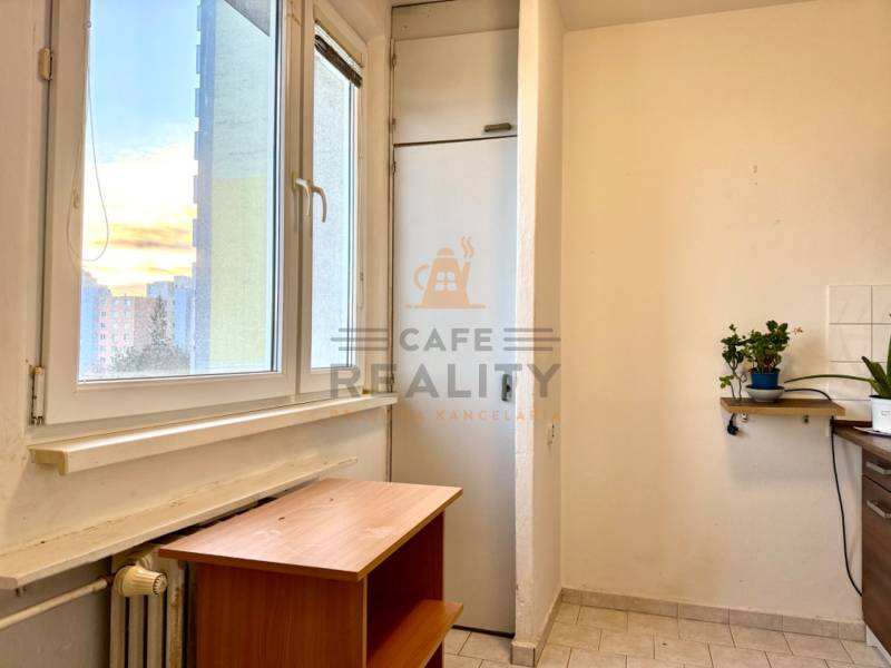 1 szobás lakás belső tere ablakkal, asztallal, polcon növényekkel és az ablak alatt radiátorral.