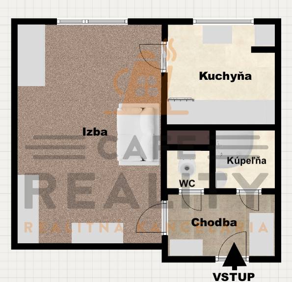 1 szobás lakás alaprajza szoba, konyha, fürdőszoba, WC és előszoba elrendezésével.