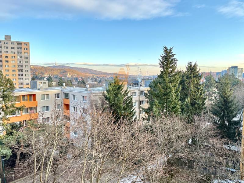 A Drobného utcai lakótelepek és fák panorámája látható Pozsony-Dúbravkán.