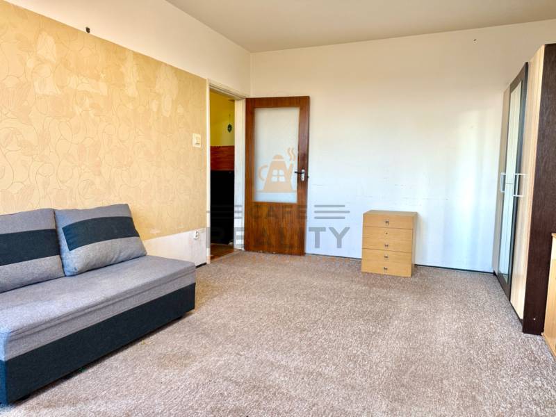 Szoba szőnyegpadlóval, kanapéval és szekrénnyel egy egyszobás lakásban.