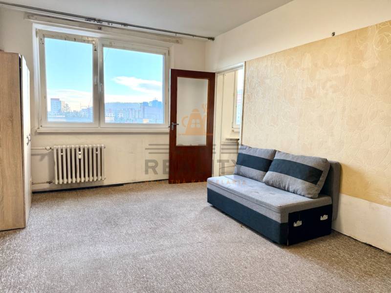 Nappali egy egyszobás lakásban kanapéval és nagy ablakkal, amin fény árad be.