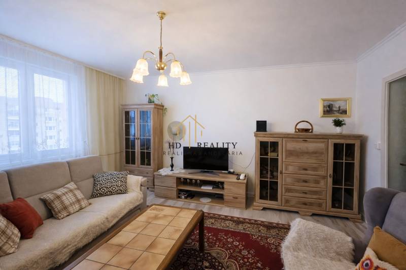 Nappali egy háromszobás lakásban fa dekorációval és kényelmes ülőgarnitúrával.