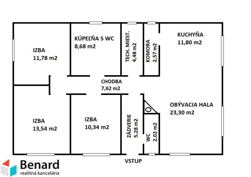 Családi ház alaprajza négy szobával, fürdőszobával, konyhával és nappalival.