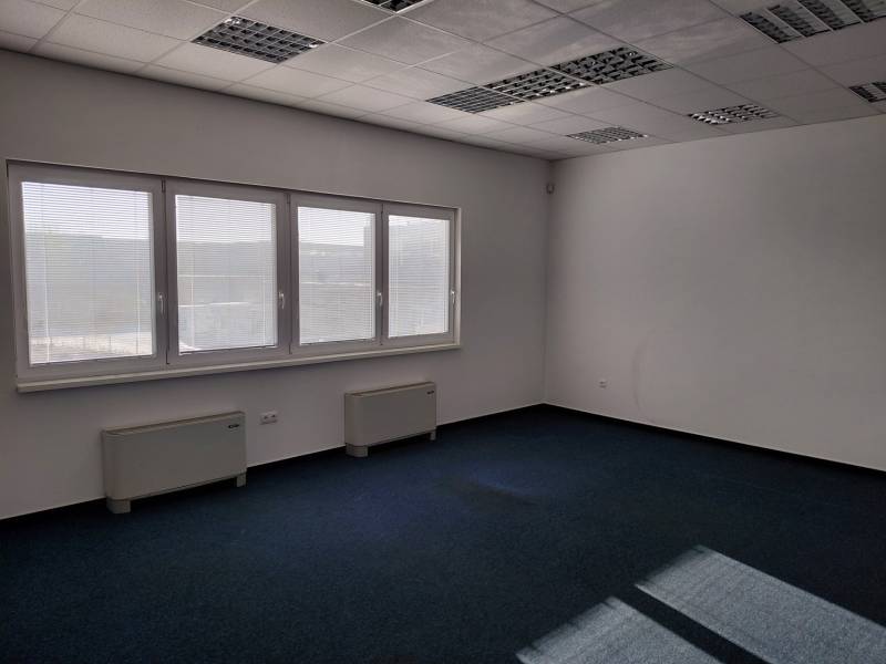 Raktárak és csarnokok belső tere kék szőnyeggel, nagy ablakokkal és fehér falakkal.