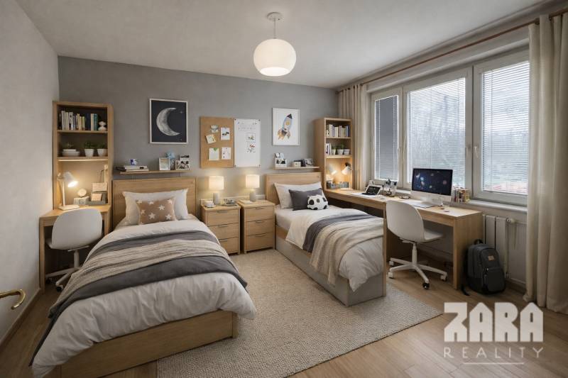 Kétszemélyes szoba egy háromszobás lakásban, fa dekorációjú padlóval és íróasztalokkal.