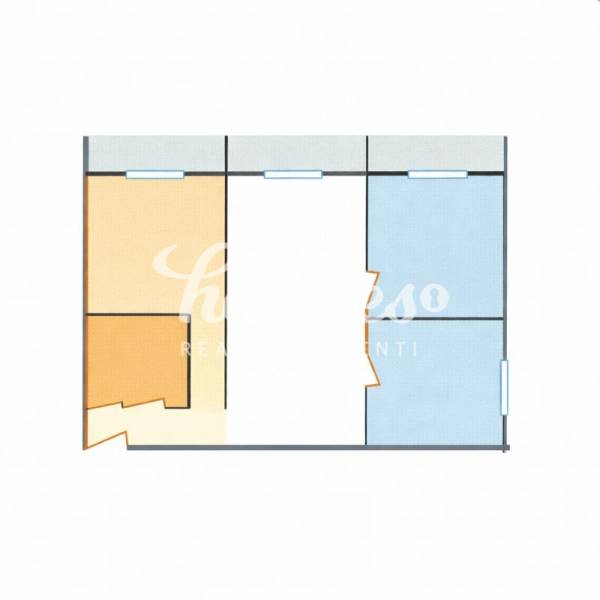 Farebné pôdorys 3-izbového bytu s rôznymi miestnosťami a vstupmi.

Színes alaprajz egy 3 szobás lakásról különböző helyiségekkel és bejáratokkal.