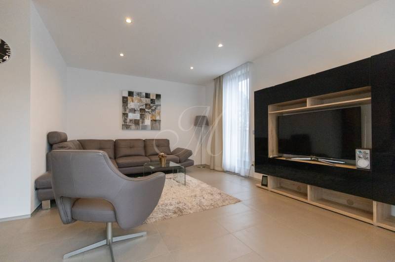 Nappali egy kétszobás lakásban kanapéval, fotellel, asztallal, televízióval és szőnyeggel.