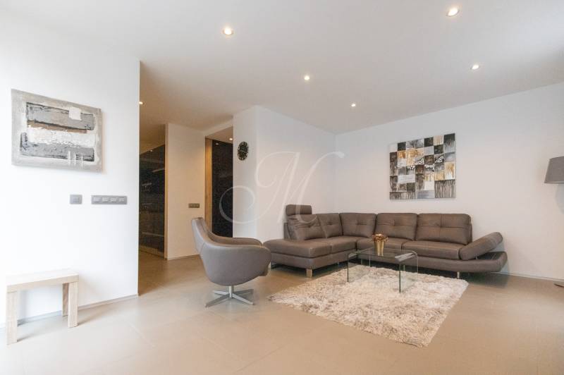 Nappali egy kétszobás lakásban kanapéval, fotellel, szőnyeggel és képekkel a falon.