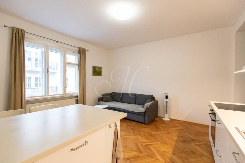 Nappali egy kétszobás lakásban kanapéval és fa mintázatú padlóval.