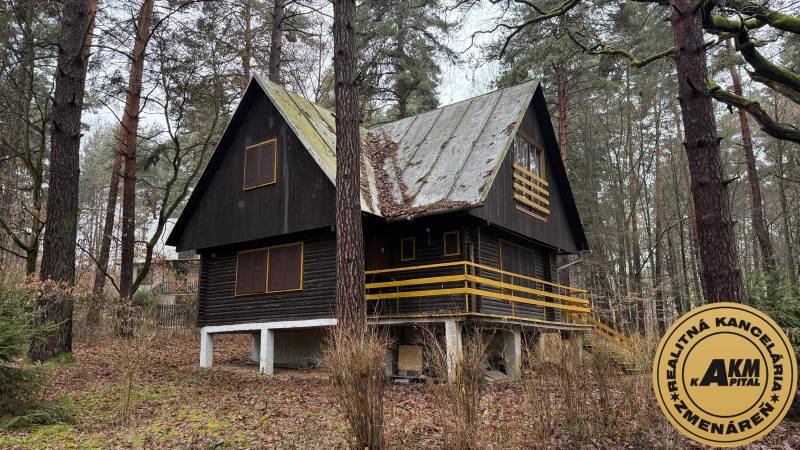 Egy erdei ház Kováčová közelében, bádogtetővel és fa részletekkel.