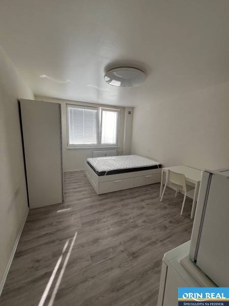 Garzonlakás ággyal, szekrénnyel, asztallal és fa dekorációjú padlóval.