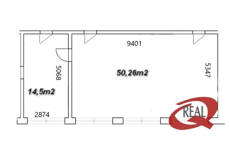 Az iroda alaprajza, amely két helyiségre van osztva, összesen 64,76 m² területű.