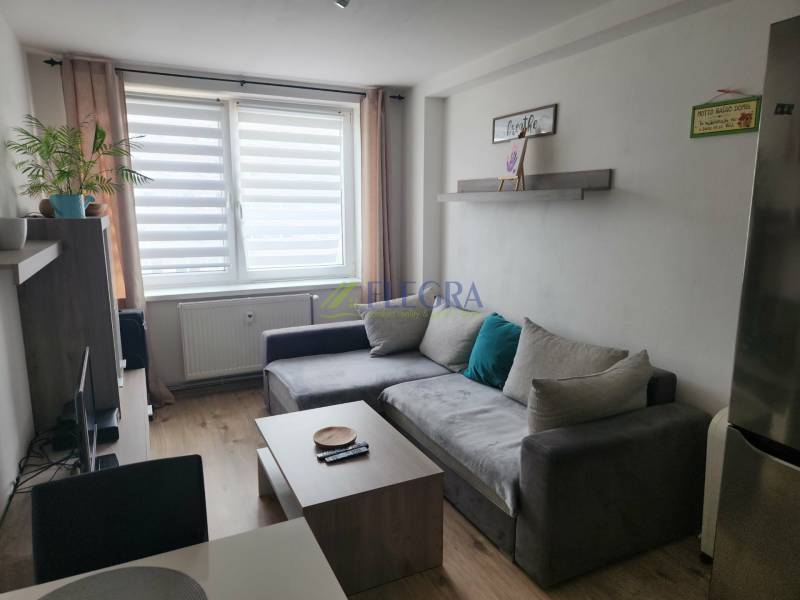 Nappali kanapéval, asztallal és fa dekorációjú padlóval egy kétszobás lakásban.