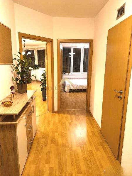 2 szobás lakás folyosója fa dekor padlóval, szobanövényekkel és bútorokkal.