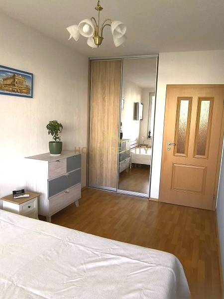 Hálószoba beépített szekrénnyel, fa dekor padlóval, szekrény, ágy, csillár, növény.