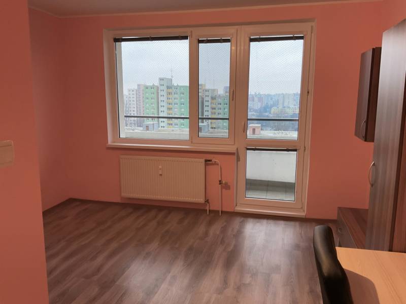 Garzonlakás rózsaszín falakkal és fa mintázatú padlóval, kilátással Petržalkára.