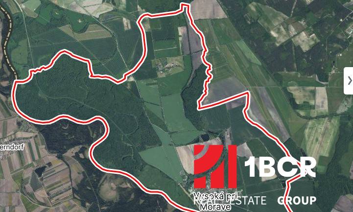 Mezőgazdasági és erdészeti területek légi térképe Vysoká pri Morave-ban.