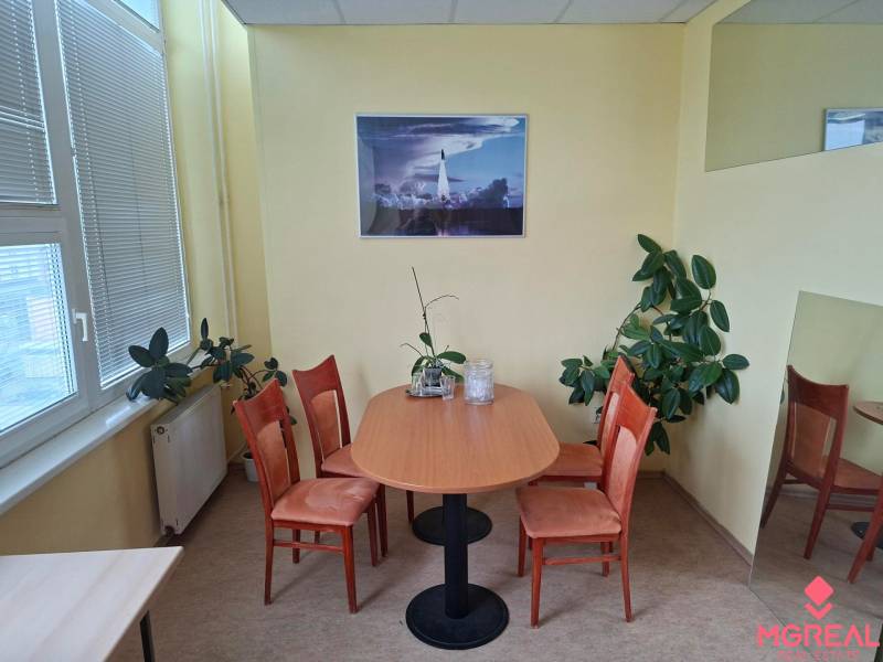 Ovális asztallal és négy székkel, növényekkel és képpel a falon berendezett iroda.